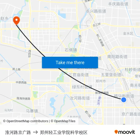 淮河路京广路 to 郑州轻工业学院科学校区 map