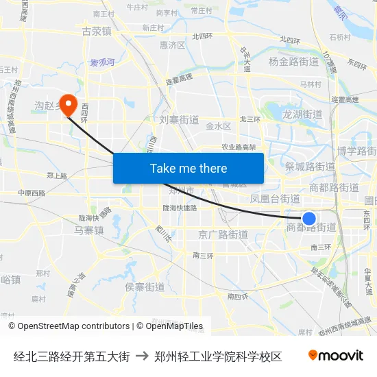 经北三路经开第五大街 to 郑州轻工业学院科学校区 map