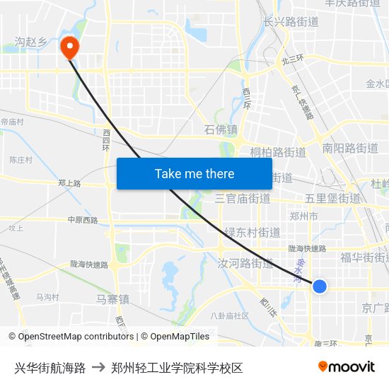 兴华街航海路 to 郑州轻工业学院科学校区 map