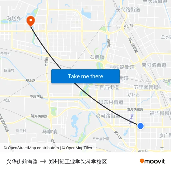 兴华街航海路 to 郑州轻工业学院科学校区 map