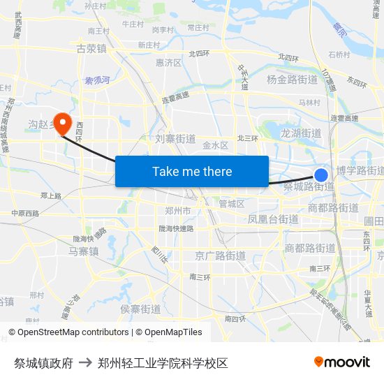 祭城镇政府 to 郑州轻工业学院科学校区 map