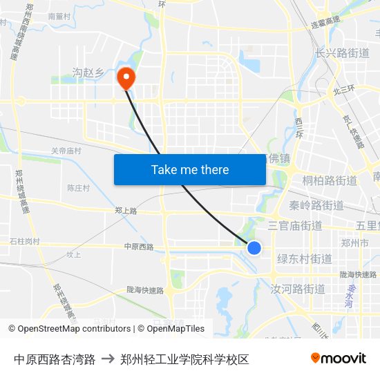 中原西路杏湾路 to 郑州轻工业学院科学校区 map