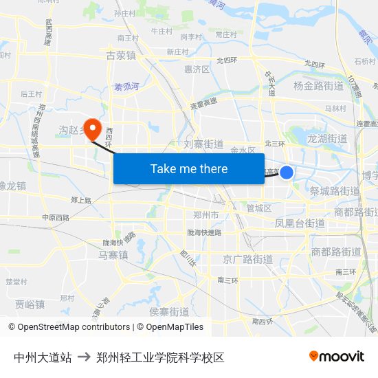 中州大道站 to 郑州轻工业学院科学校区 map
