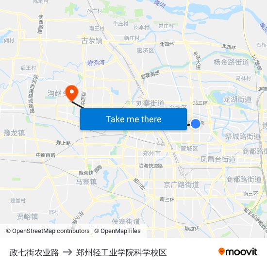 政七街农业路 to 郑州轻工业学院科学校区 map