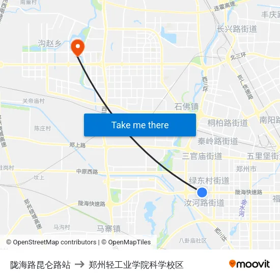 陇海路昆仑路站 to 郑州轻工业学院科学校区 map