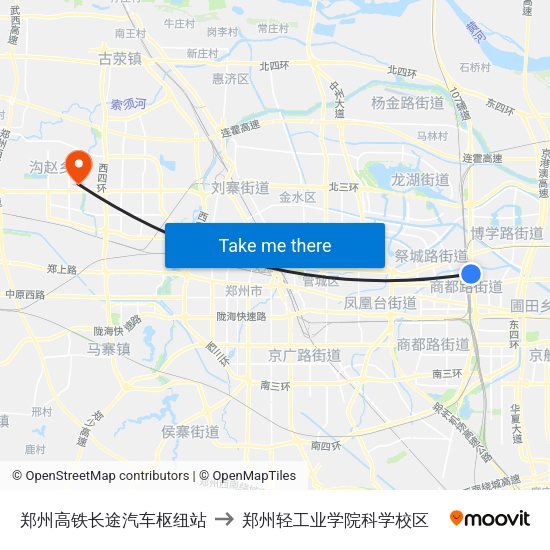 郑州高铁长途汽车枢纽站 to 郑州轻工业学院科学校区 map