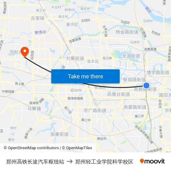 郑州高铁长途汽车枢纽站 to 郑州轻工业学院科学校区 map
