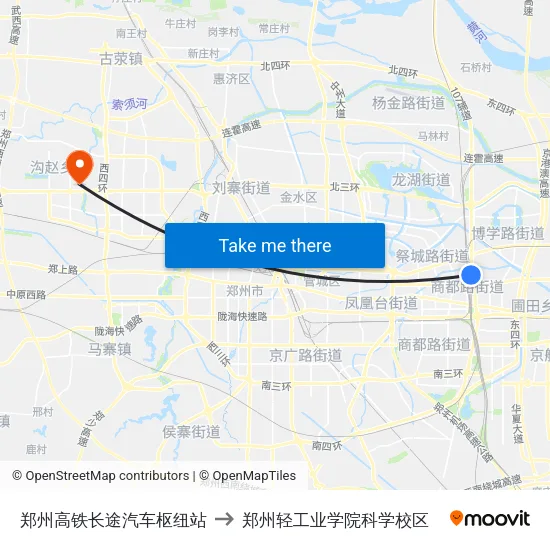 郑州高铁长途汽车枢纽站 to 郑州轻工业学院科学校区 map