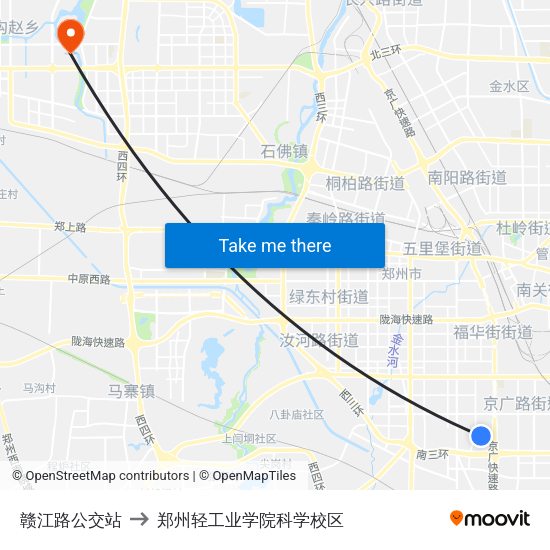 赣江路公交站 to 郑州轻工业学院科学校区 map