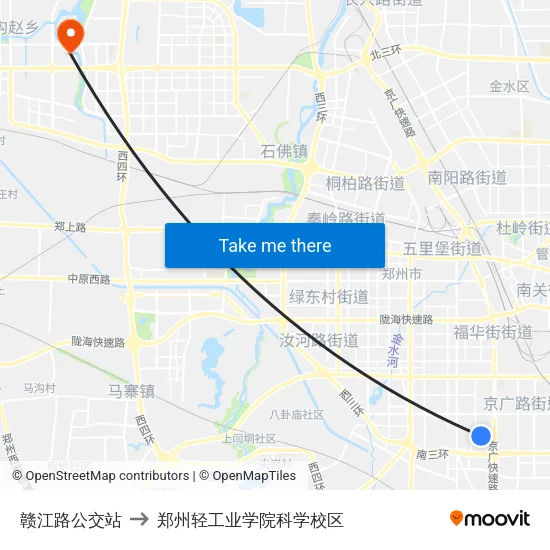 赣江路公交站 to 郑州轻工业学院科学校区 map