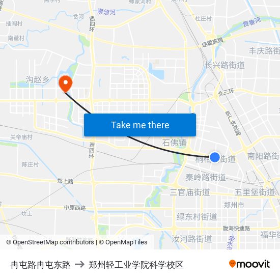 冉屯路冉屯东路 to 郑州轻工业学院科学校区 map