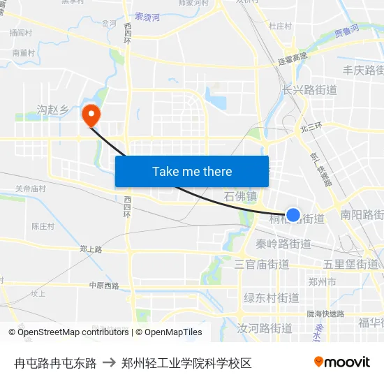 冉屯路冉屯东路 to 郑州轻工业学院科学校区 map