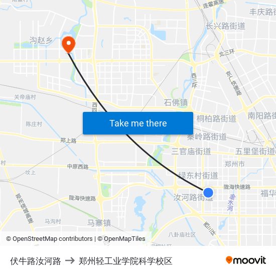 伏牛路汝河路 to 郑州轻工业学院科学校区 map