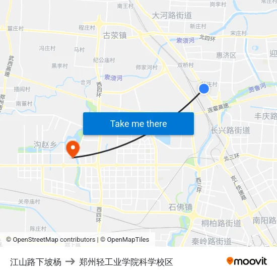 江山路下坡杨 to 郑州轻工业学院科学校区 map
