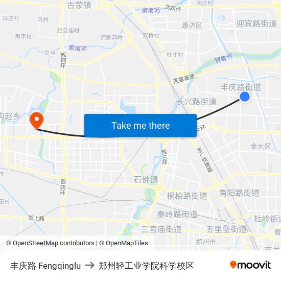 丰庆路 Fengqinglu to 郑州轻工业学院科学校区 map