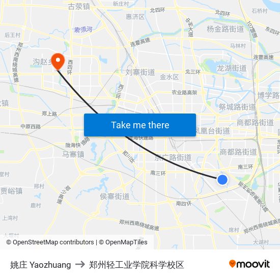 姚庄 Yaozhuang to 郑州轻工业学院科学校区 map