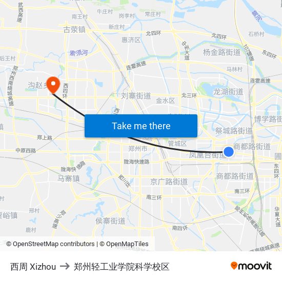 西周 Xizhou to 郑州轻工业学院科学校区 map