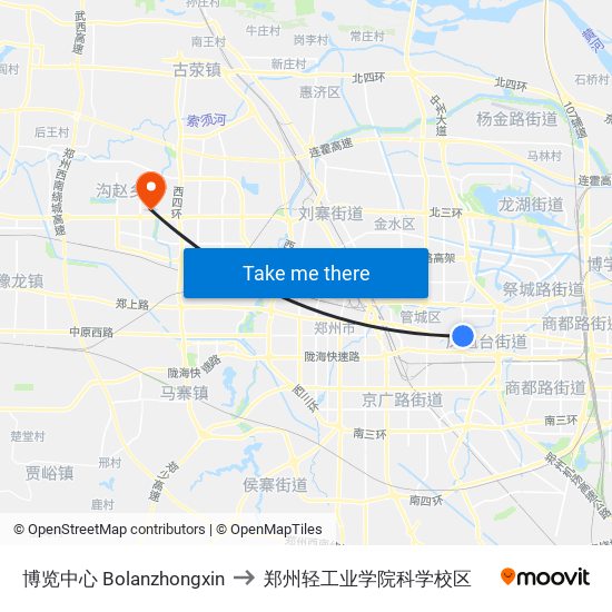 博览中心 Bolanzhongxin to 郑州轻工业学院科学校区 map