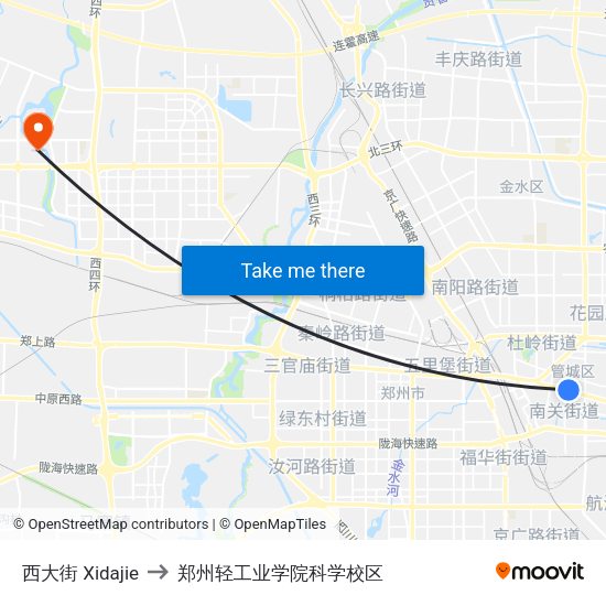 西大街 Xidajie to 郑州轻工业学院科学校区 map