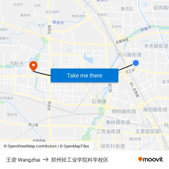 王砦 Wangzhai to 郑州轻工业学院科学校区 map