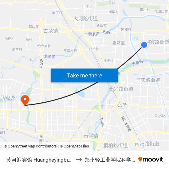 黄河迎宾馆 Huangheyingbinguan to 郑州轻工业学院科学校区 map