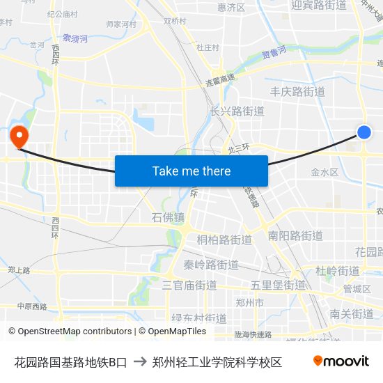 花园路国基路地铁B口 to 郑州轻工业学院科学校区 map