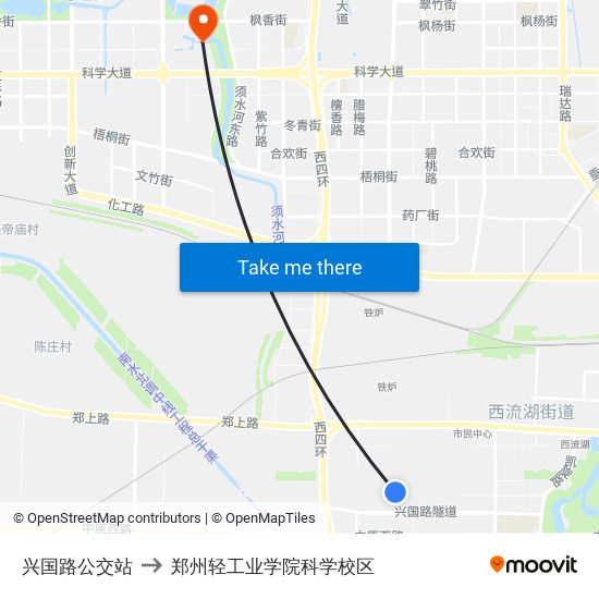 兴国路公交站 to 郑州轻工业学院科学校区 map