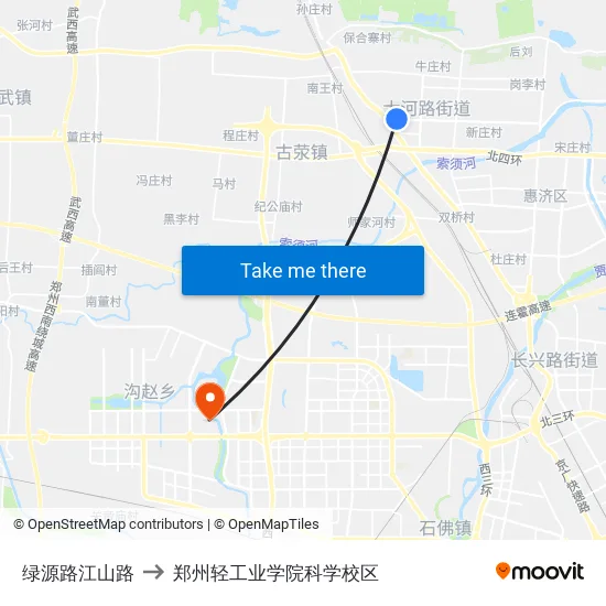 绿源路江山路 to 郑州轻工业学院科学校区 map