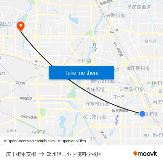 庆丰街永安街 to 郑州轻工业学院科学校区 map