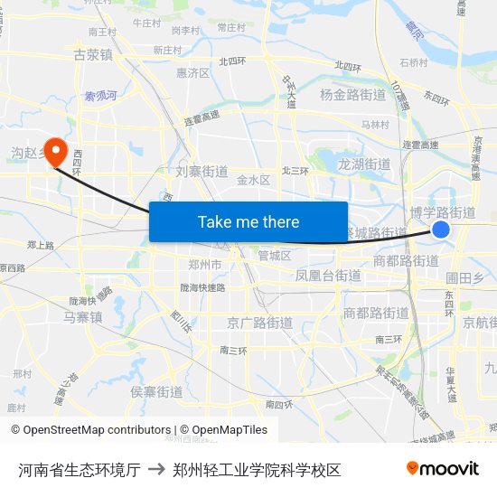 河南省生态环境厅 to 郑州轻工业学院科学校区 map