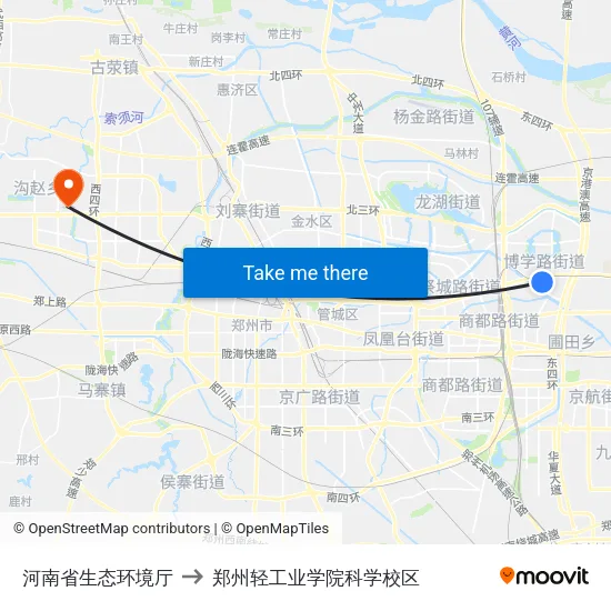 河南省生态环境厅 to 郑州轻工业学院科学校区 map