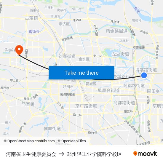 河南省卫生健康委员会 to 郑州轻工业学院科学校区 map