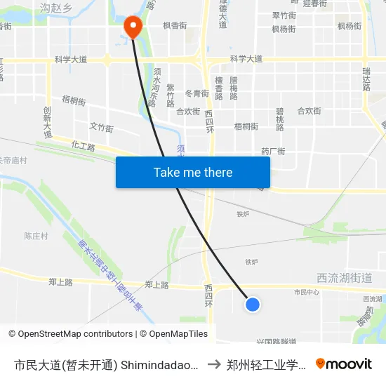 市民大道(暂未开通) Shimindadao(Temporary Not Open) to 郑州轻工业学院科学校区 map