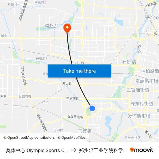 奥体中心 Olympic Sports Center to 郑州轻工业学院科学校区 map