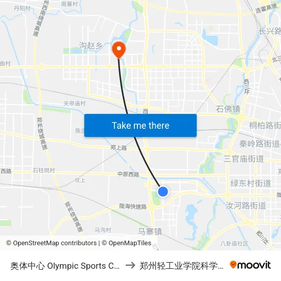 奥体中心 Olympic Sports Center to 郑州轻工业学院科学校区 map
