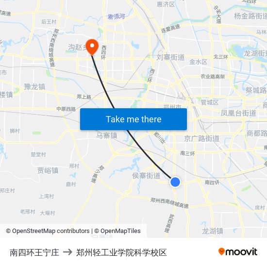 南四环王宁庄 to 郑州轻工业学院科学校区 map