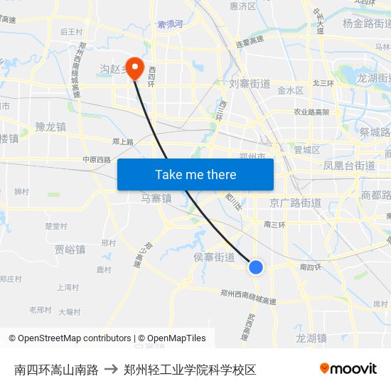 南四环嵩山南路 to 郑州轻工业学院科学校区 map