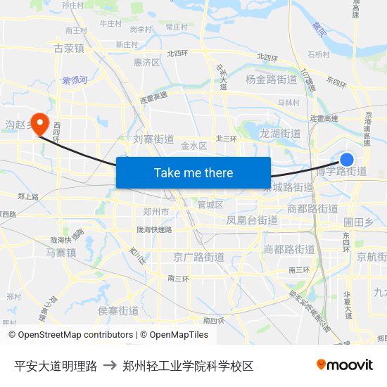 平安大道明理路 to 郑州轻工业学院科学校区 map