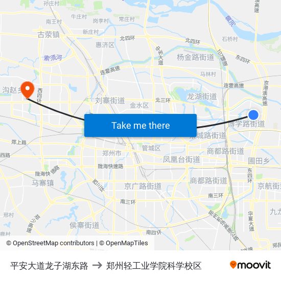 平安大道龙子湖东路 to 郑州轻工业学院科学校区 map