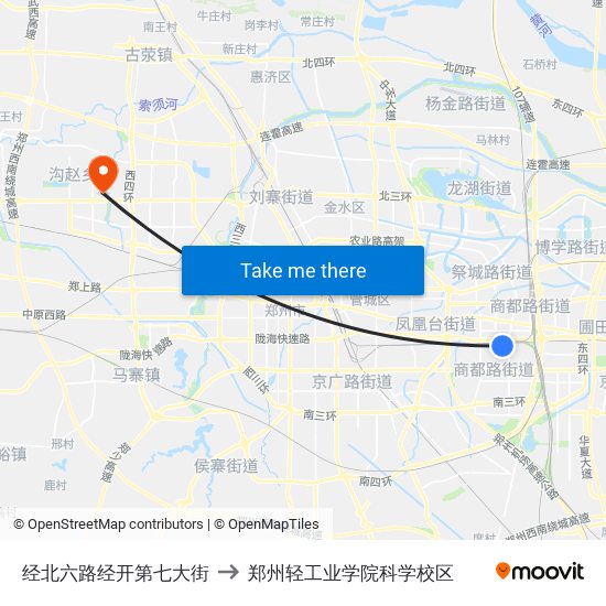 经北六路经开第七大街 to 郑州轻工业学院科学校区 map