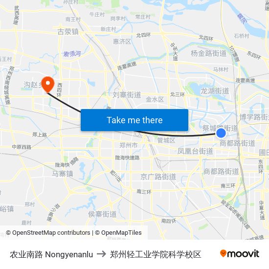 农业南路 Nongyenanlu to 郑州轻工业学院科学校区 map