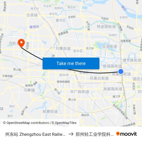 州东站 Zhengzhou East Railway Station to 郑州轻工业学院科学校区 map