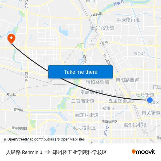 人民路 Renminlu to 郑州轻工业学院科学校区 map