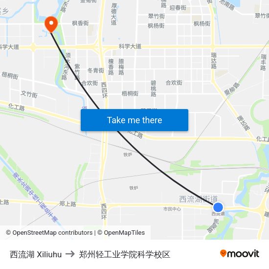 西流湖 Xiliuhu to 郑州轻工业学院科学校区 map