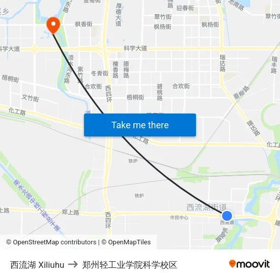 西流湖 Xiliuhu to 郑州轻工业学院科学校区 map
