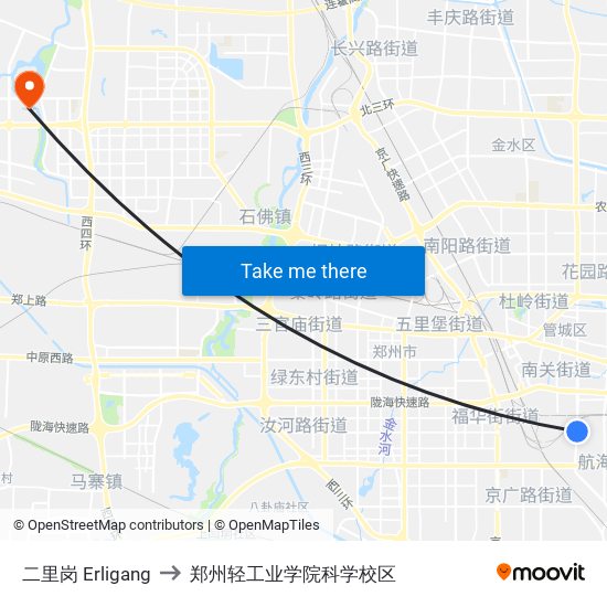 二里岗 Erligang to 郑州轻工业学院科学校区 map