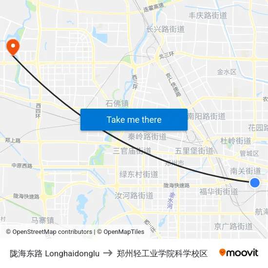 陇海东路 Longhaidonglu to 郑州轻工业学院科学校区 map