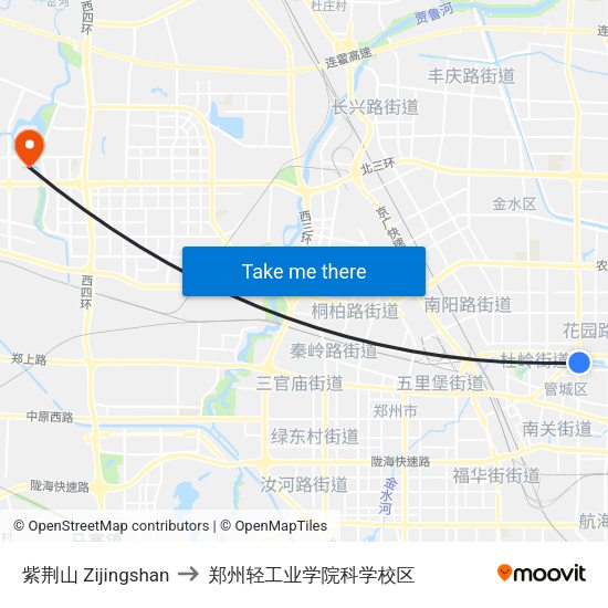 紫荆山 Zijingshan to 郑州轻工业学院科学校区 map