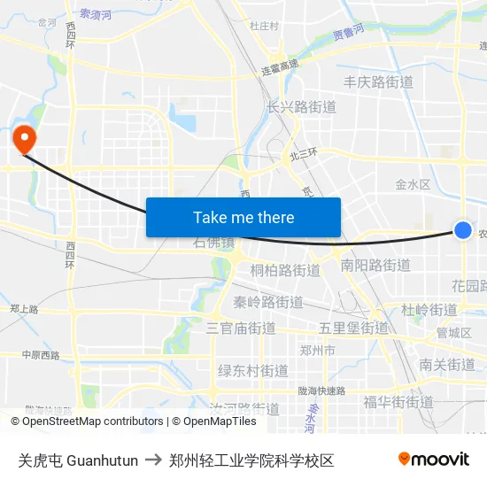 关虎屯 Guanhutun to 郑州轻工业学院科学校区 map