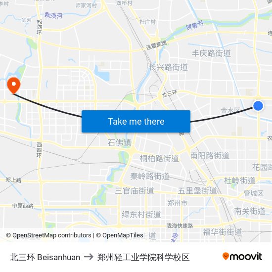 北三环 Beisanhuan to 郑州轻工业学院科学校区 map